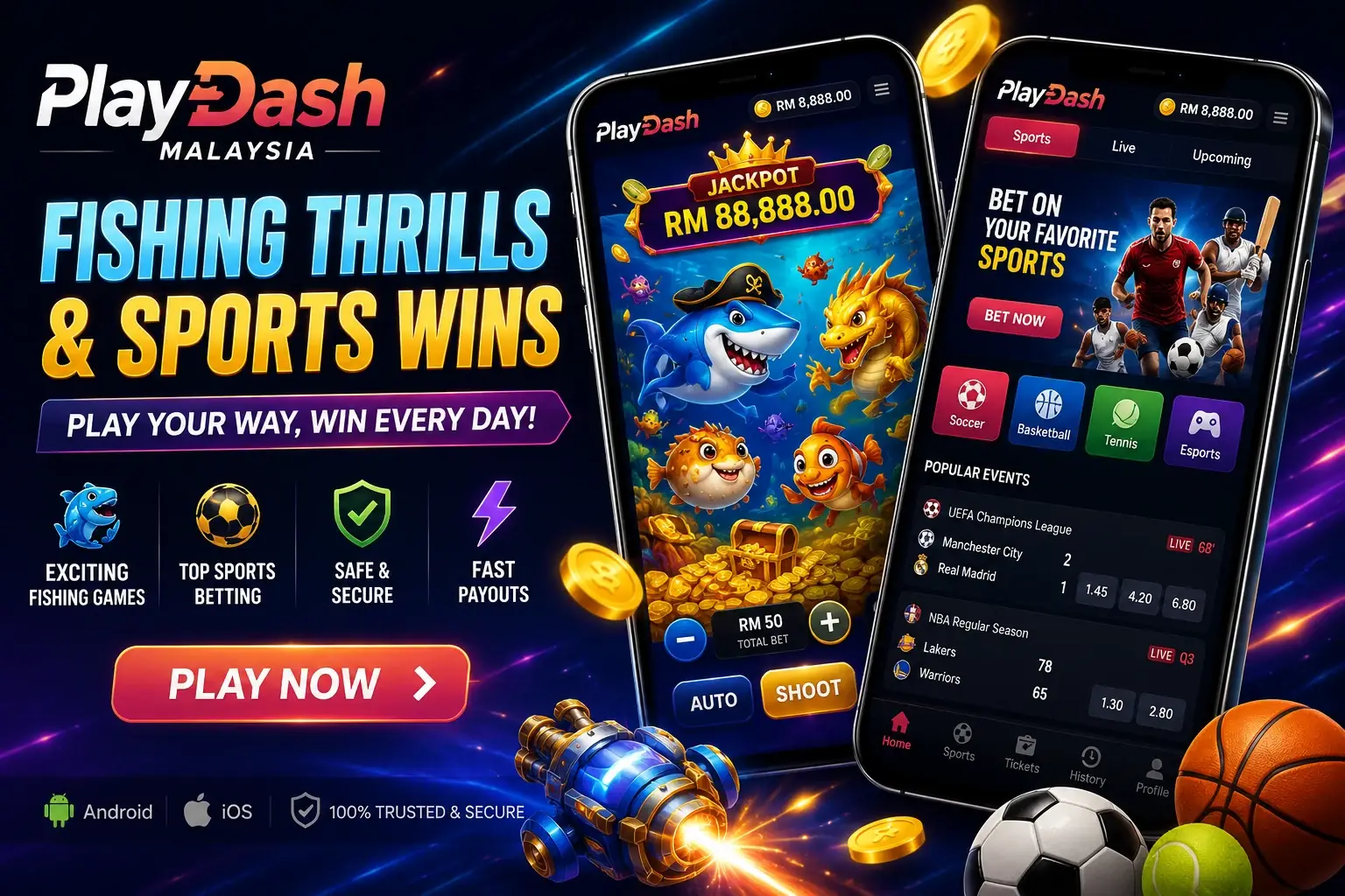 PlayDash fishing game and sports betting screen on mobile