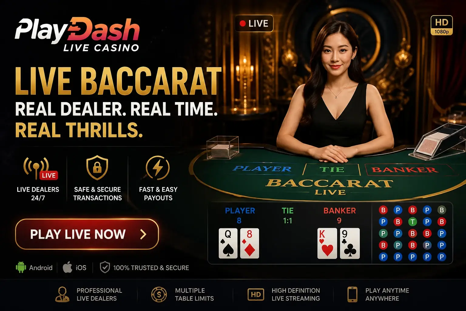 PlayDash live casino baccarat table streamed with a professional dealer